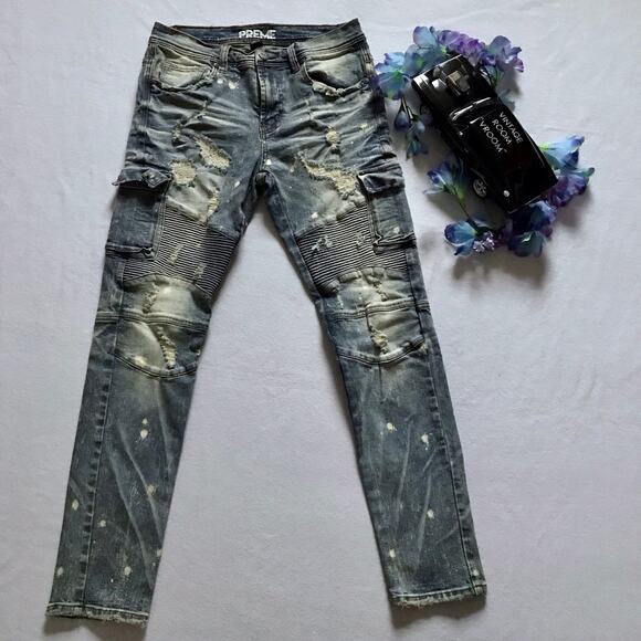 Preme NWOT Light Stone Wash Distressed Skinny Jeans Men 32 - Picture 2 of 10